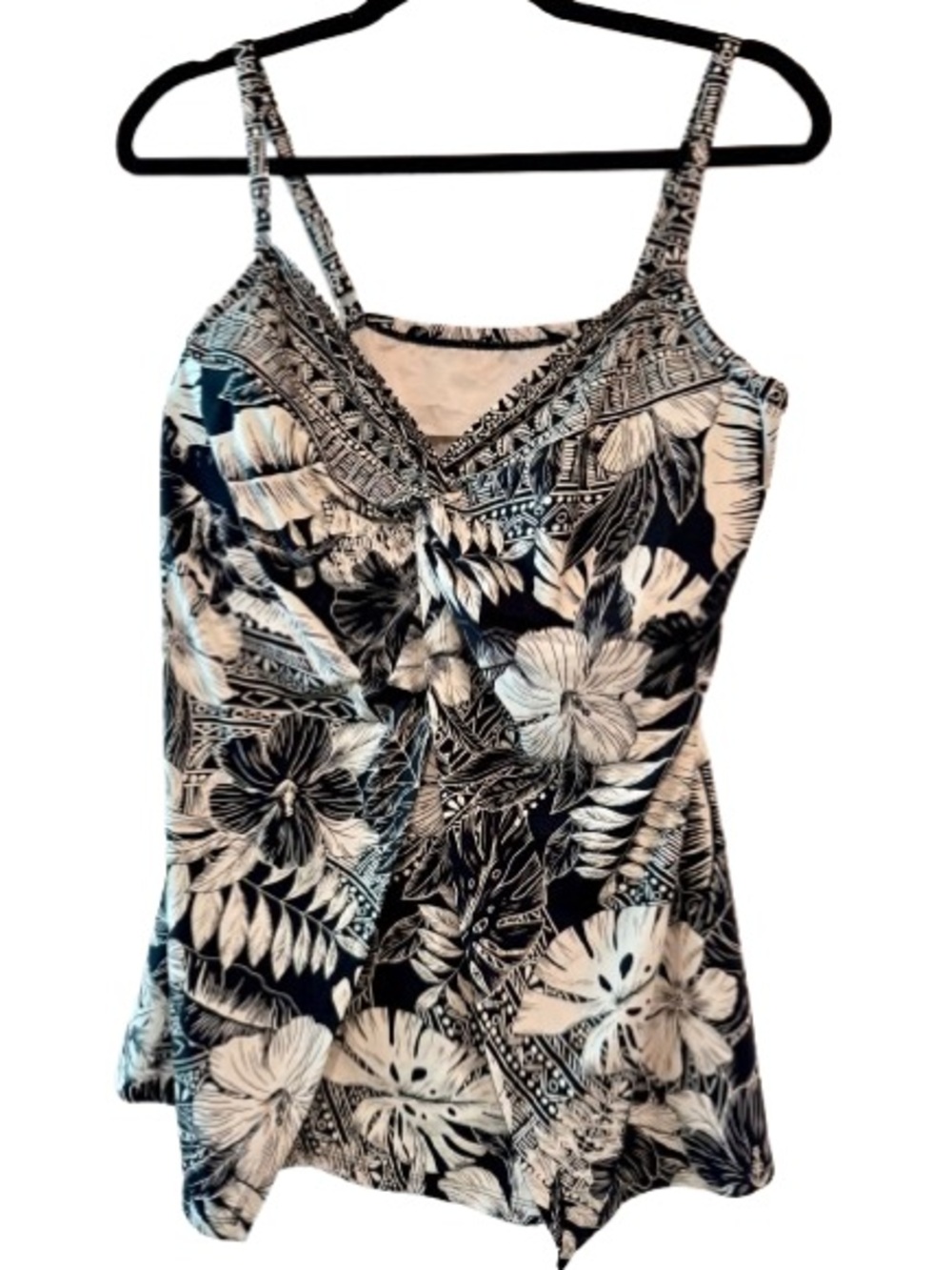 Miraclesuit Black & White Floral V-Neck Spaghetti Strap Tankini Top Size 20W
